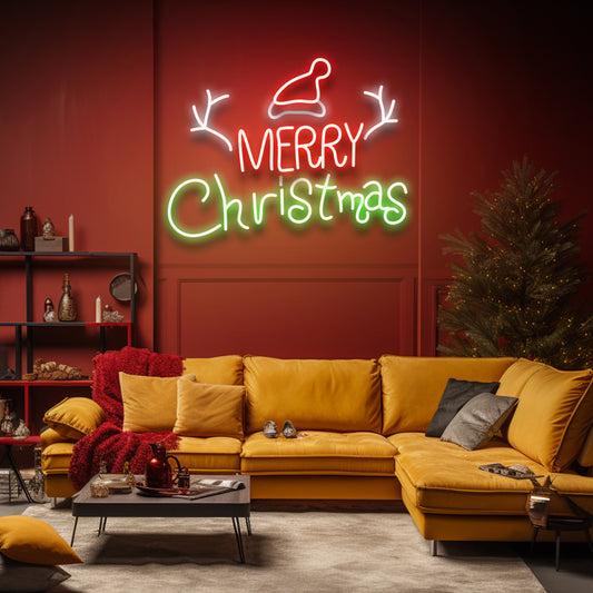 Merry Christmas Hat & Antlers - LED Neon Sign