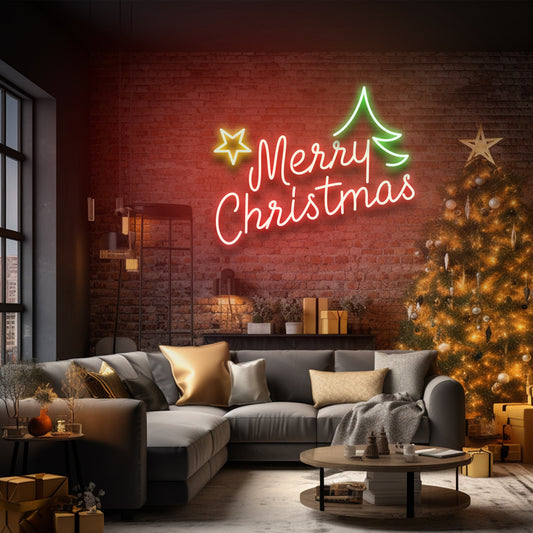Merry Christmas Tree & Star - LED Neon Sign