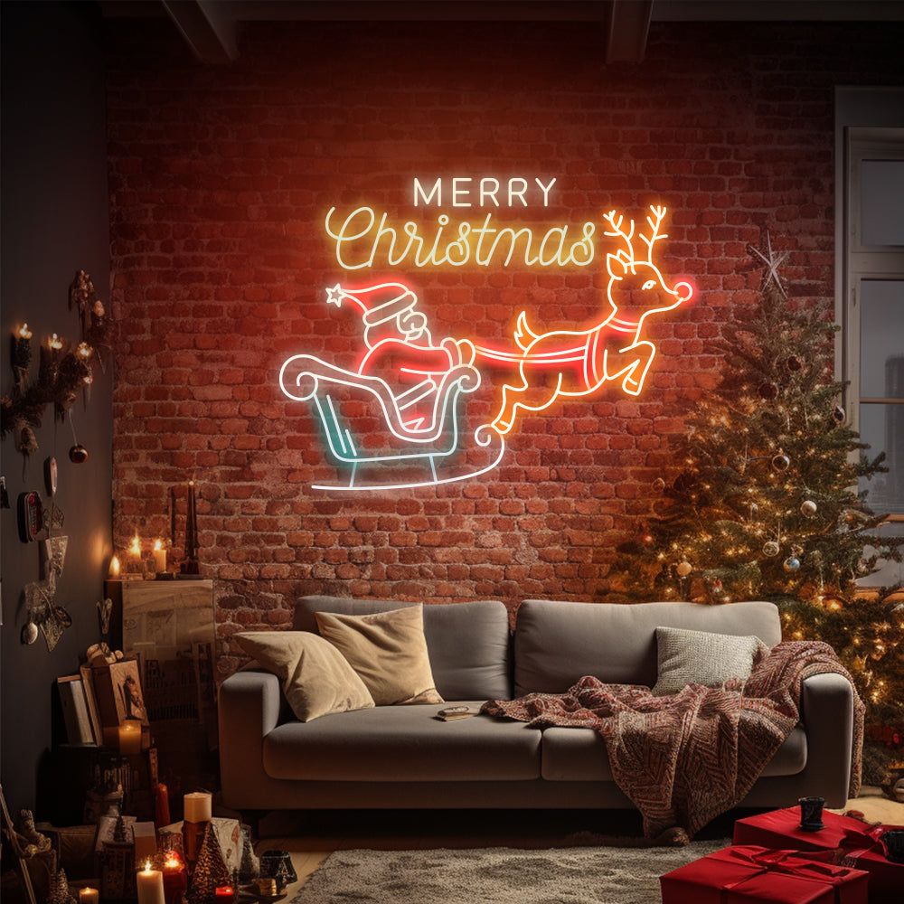 Feliz Navidad Papá Noel y renos - Letrero de neón LED