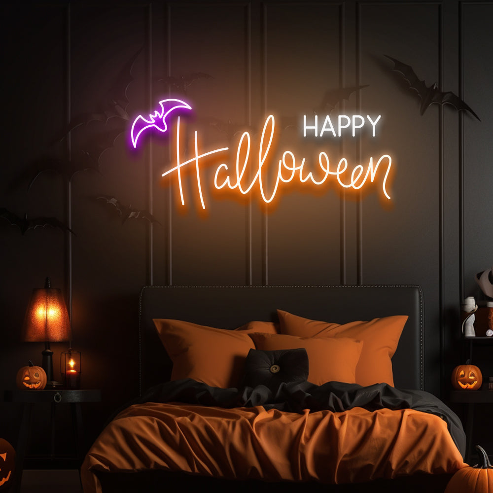 Enseigne au néon LED Happy Halloween Bat