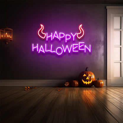Letrero de neón LED con cuerno de Feliz Halloween